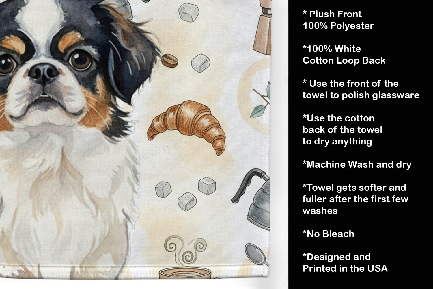 Tricolor Japanese Chin Coffee Bar Kitchen Towel Velour Plush Front and Cotton Loop Back Machine Washable