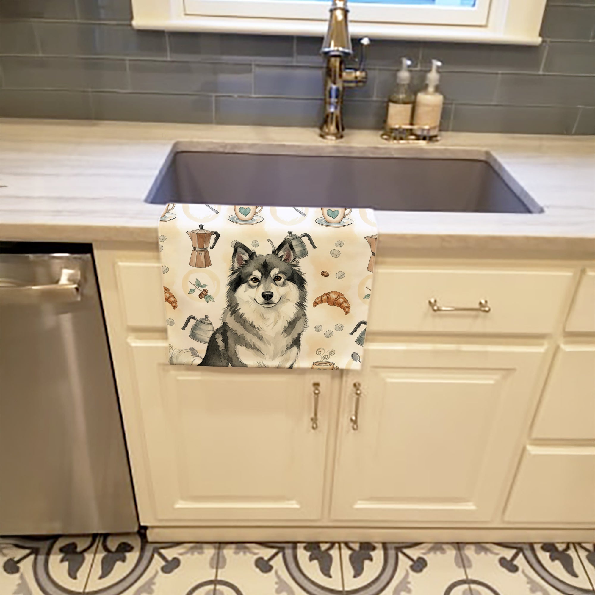 Keeshond Coffee Bar Kitchen Towel Velour Plush Front and Cotton Loop Back Machine Washable