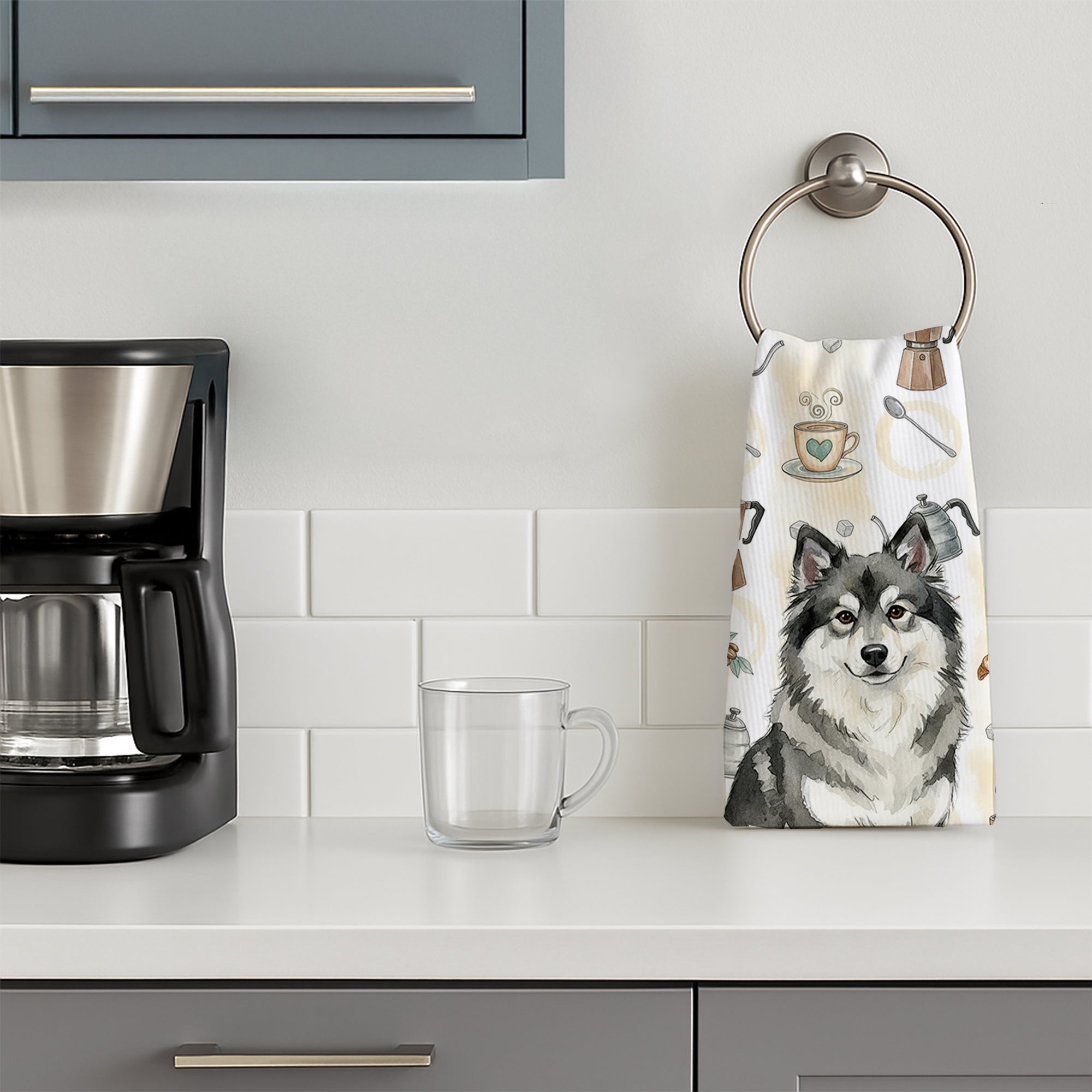 Keeshond Coffee Bar Kitchen Towel Velour Plush Front and Cotton Loop Back Machine Washable