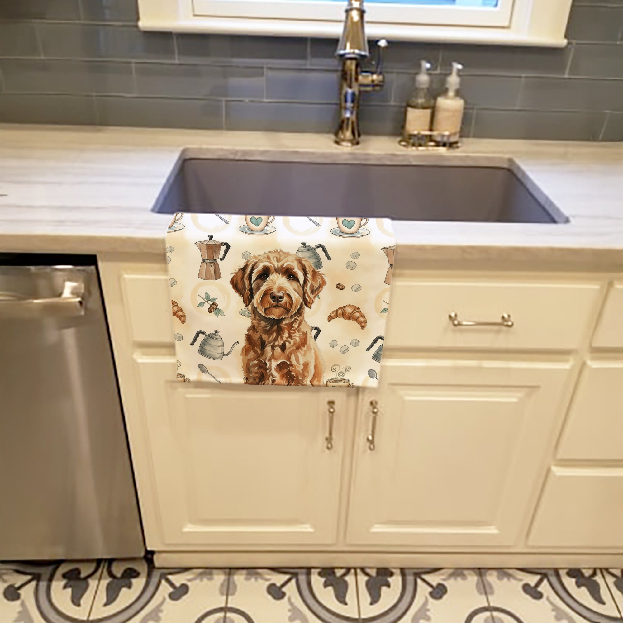 Chocolate Labradoodle Coffee Bar Kitchen Towel Velour Plush Front and Cotton Loop Back Machine Washable