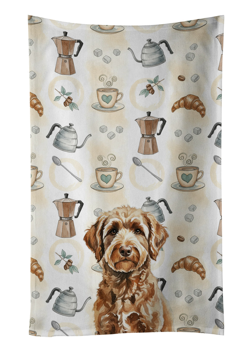 Chocolate Labradoodle Coffee Bar Kitchen Towel Velour Plush Front and Cotton Loop Back Machine Washable