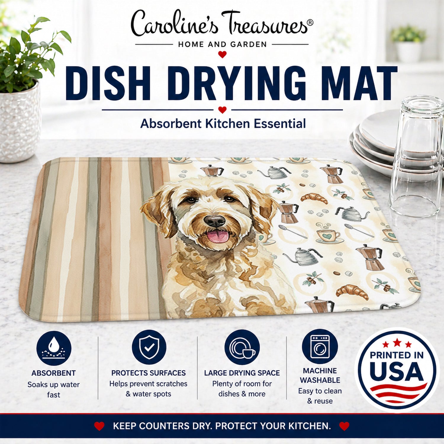 Labradoodle Coffee Bar Dish Drying Mat Absorbent Dish Drying Mat Pad for Kitchen Counter Dish Drainer Mat for Countertop, 14 x 21", Multicolor