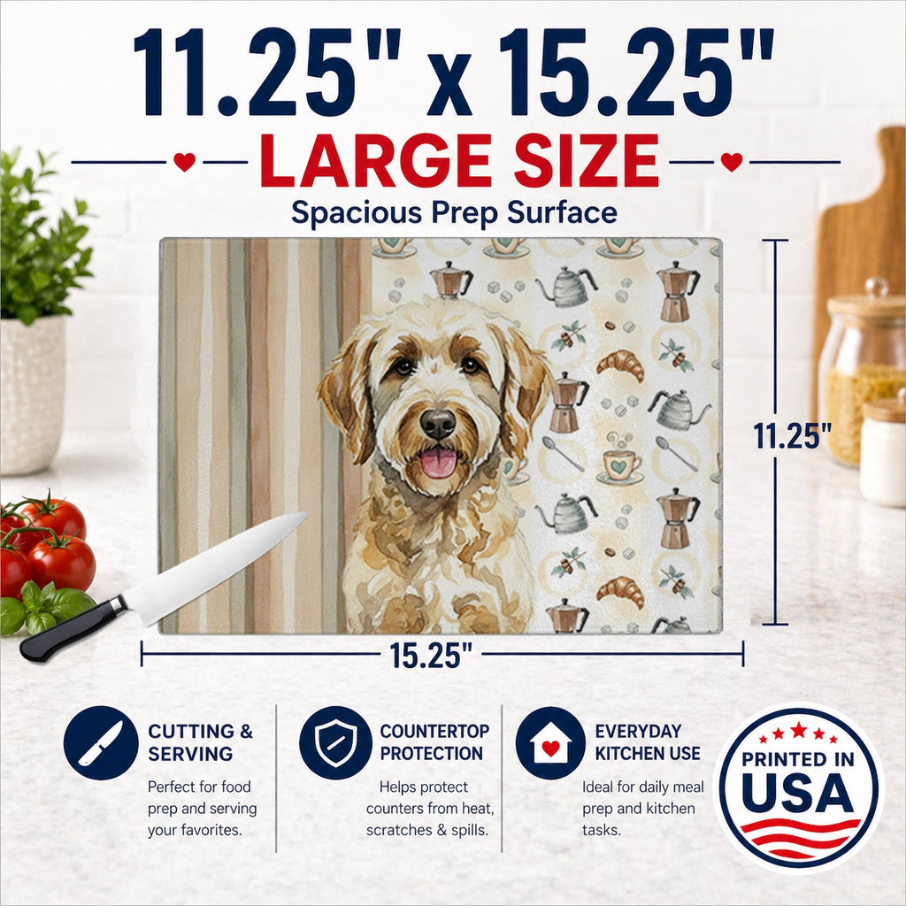 Labradoodle Coffee Bar Cutting Board Tempered Glass Kitchen Cutting Surface, Heat Resistant Chopping, Non-Slip Feet, Food Prep & Serving