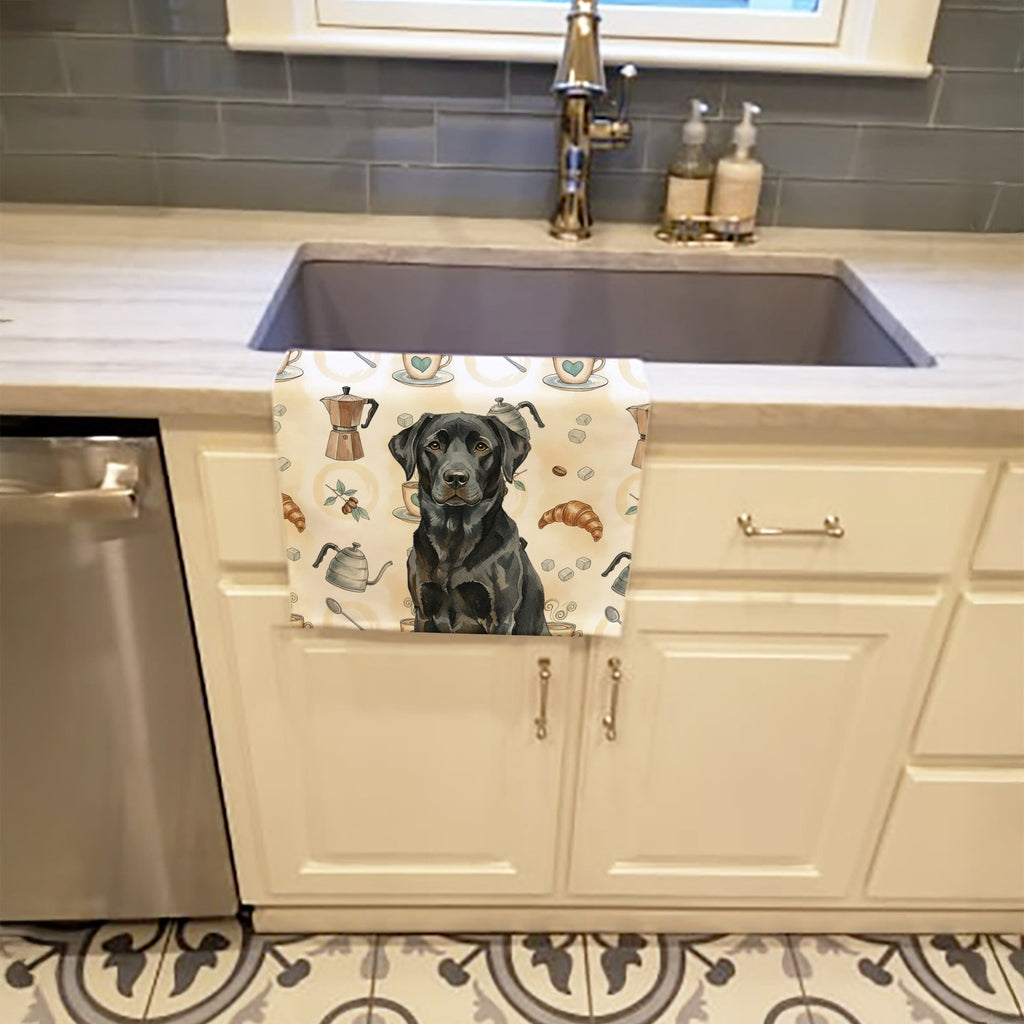 Black Labrador Retriever Coffee Bar Kitchen Towel Velour Plush Front and Cotton Loop Back Machine Washable
