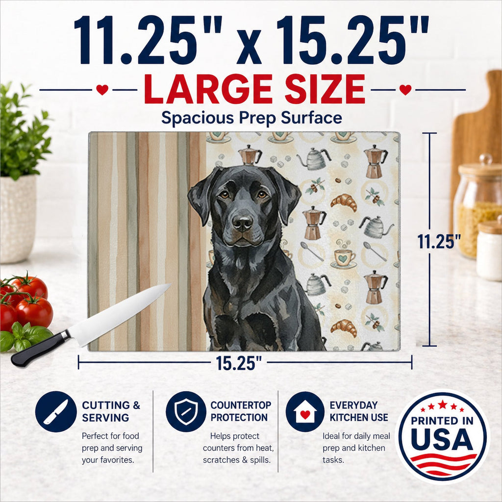Black Labrador Retriever Coffee Bar Cutting Board Tempered Glass Kitchen Cutting Surface, Heat Resistant Chopping, Non-Slip Feet, Food Prep & Serving