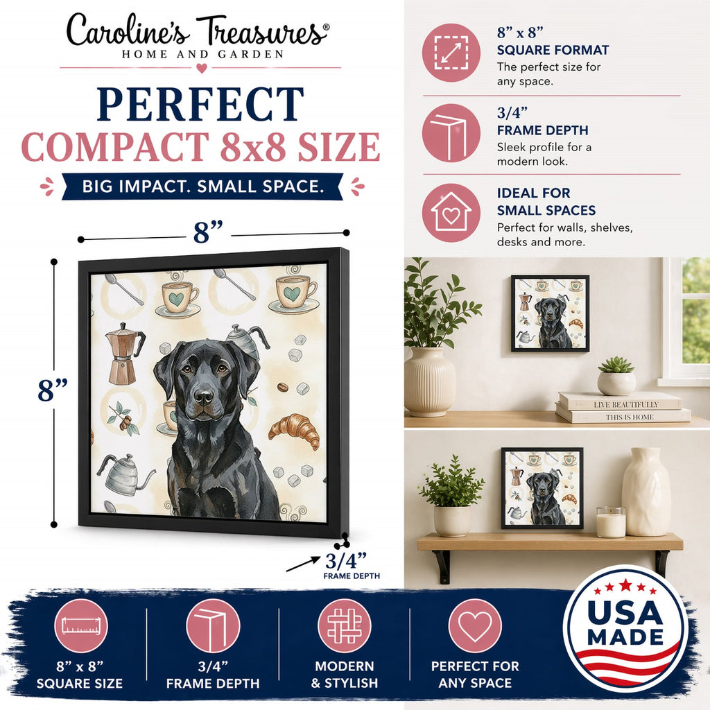 Black Labrador Retriever Coffee Bar Framed Metal Print Bathroom, Kitchen, Office, Home Decor Wall Art Ready to Hang, Square, 8X8