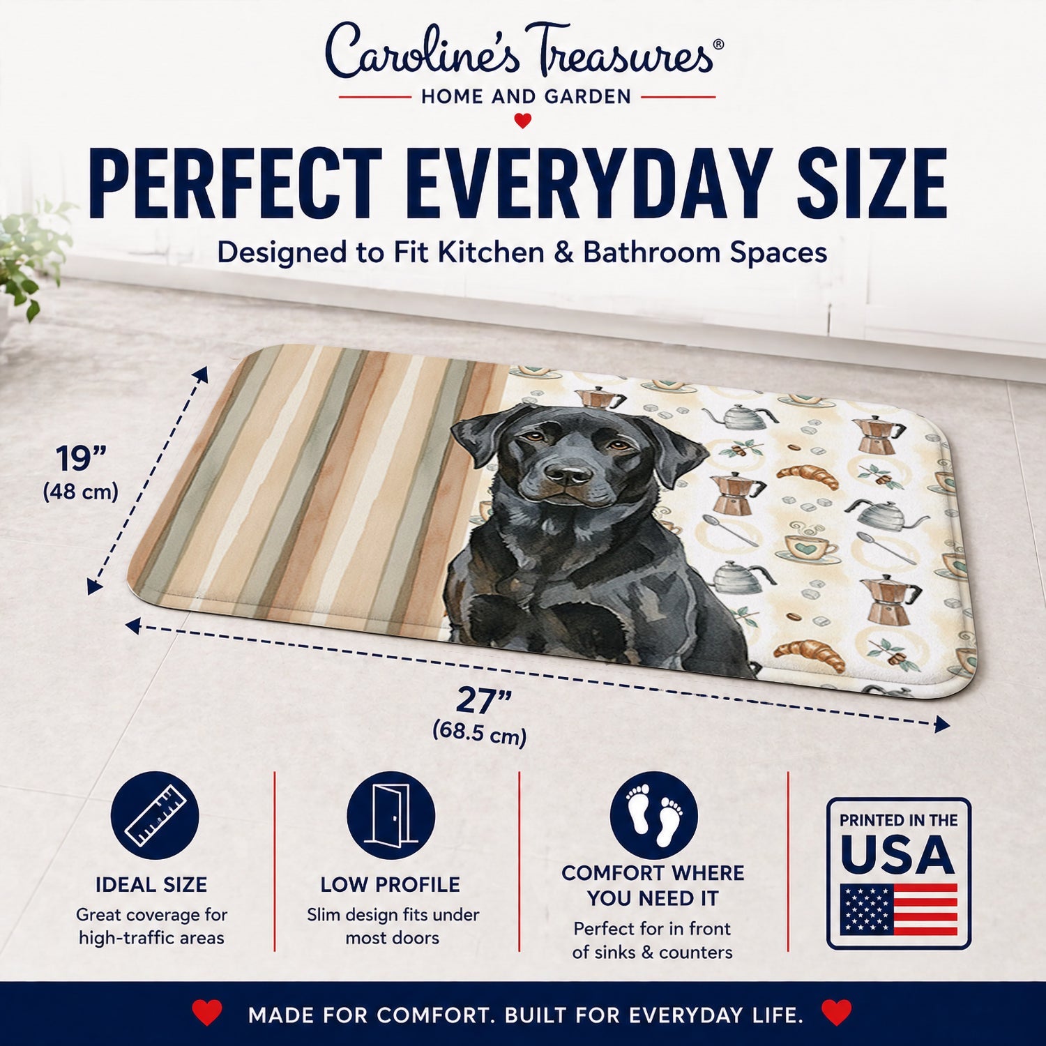 Black Labrador Retriever Coffee Bar Memory Foam Kitchen Mat Machine Washable Anti-Fatigue Cushion Comfort Bath or Kitchen Rug