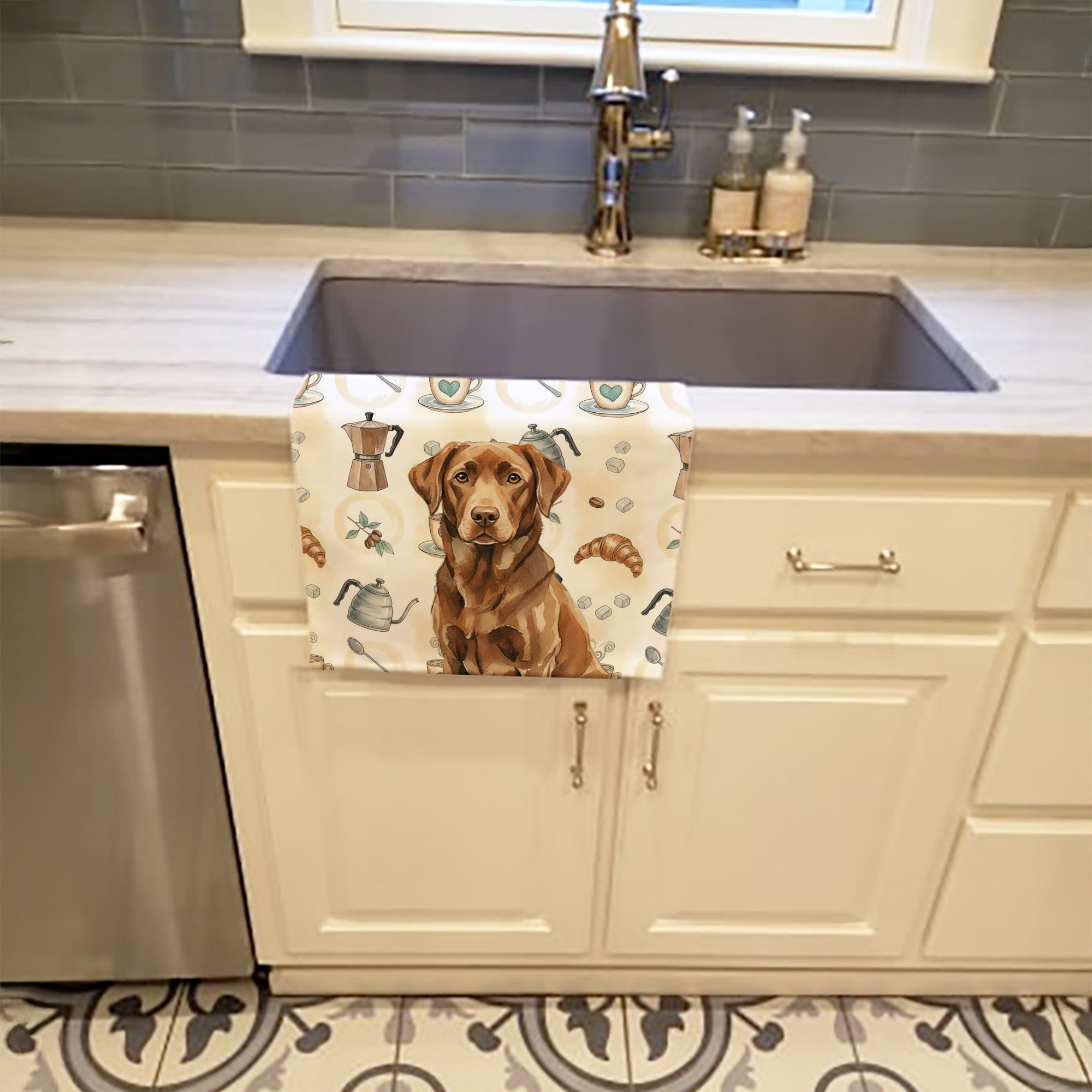 Chocolate Labrador Retriever Coffee Bar Kitchen Towel Velour Plush Front and Cotton Loop Back Machine Washable