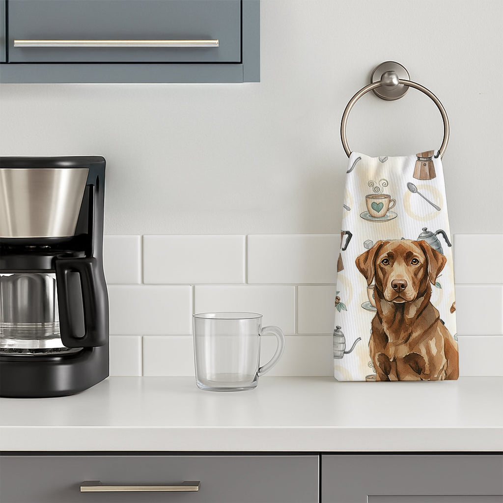 Chocolate Labrador Retriever Coffee Bar Kitchen Towel Velour Plush Front and Cotton Loop Back Machine Washable
