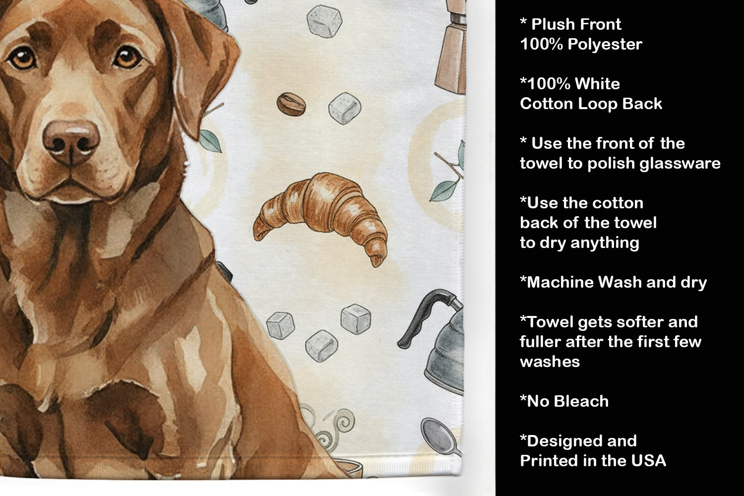 Chocolate Labrador Retriever Coffee Bar Kitchen Towel Velour Plush Front and Cotton Loop Back Machine Washable