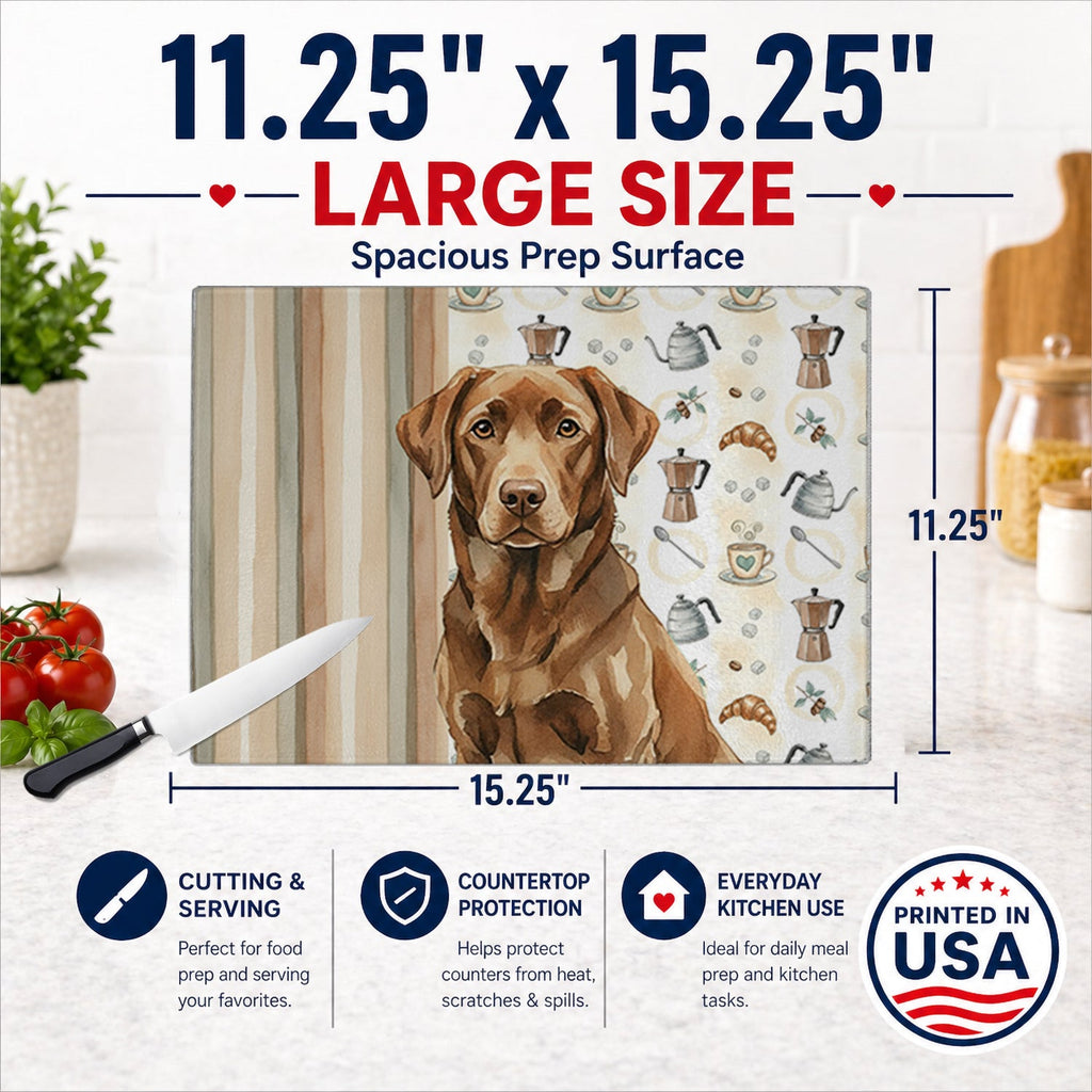 Chocolate Labrador Retriever Coffee Bar Cutting Board Tempered Glass Kitchen Cutting Surface, Heat Resistant Chopping, Non-Slip Feet, Food Prep & Serving