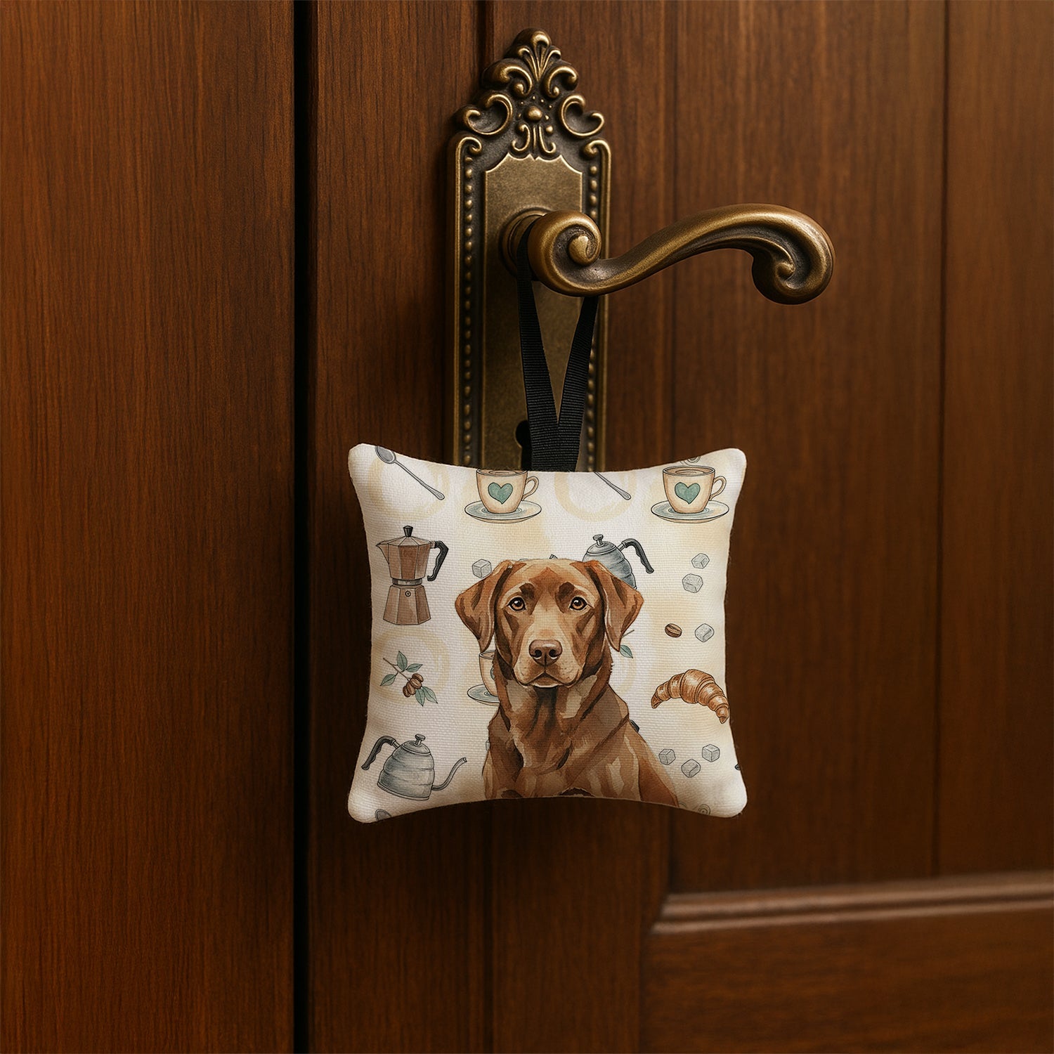 Chocolate Labrador Retriever Coffee Bar Hanging Square Fabric Ornament 3.5 � 3.5 Decorative Door-Knob & Tree Hanger, Soft Fabric