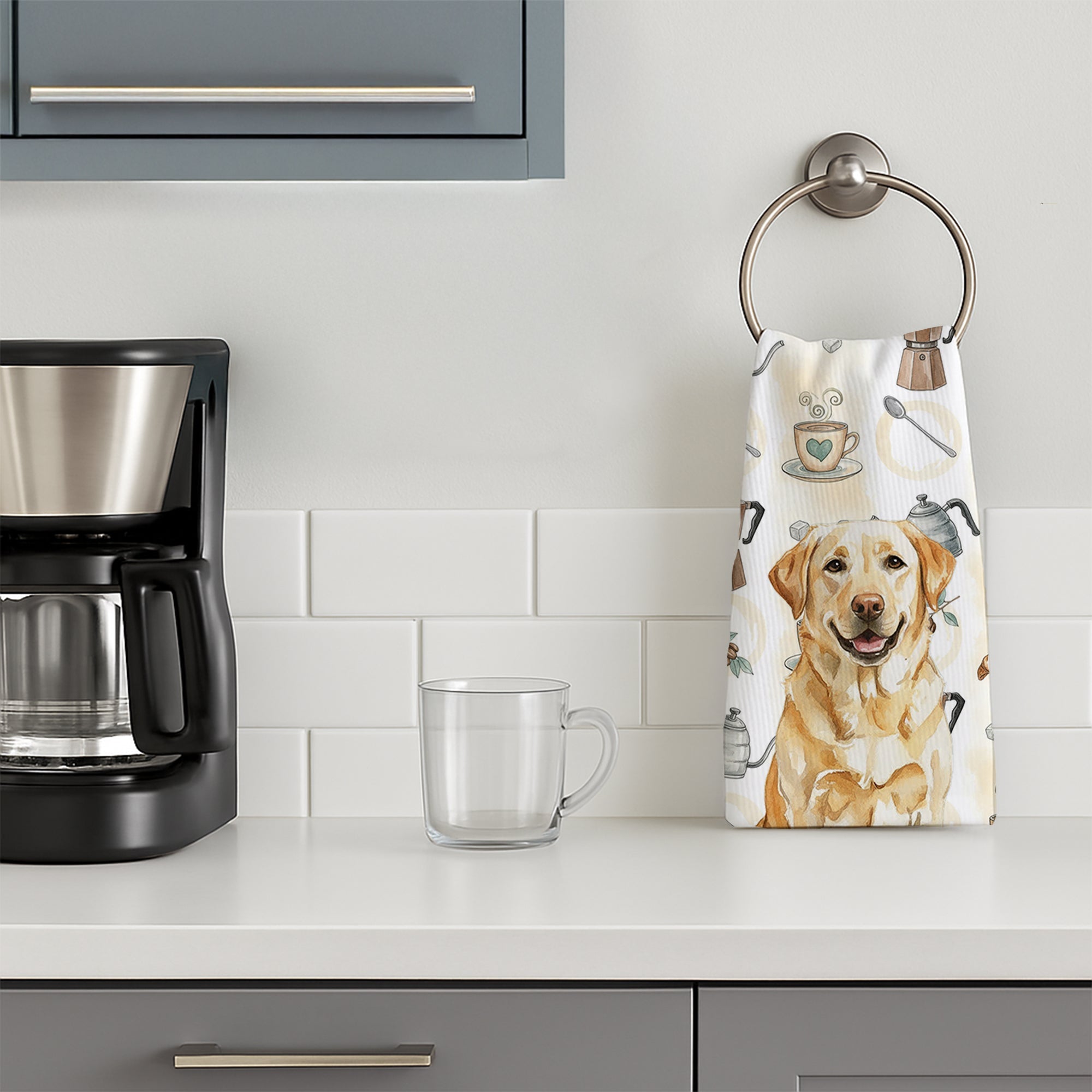 Yellow Labrador Retriever Coffee Bar Kitchen Towel Velour Plush Front and Cotton Loop Back Machine Washable