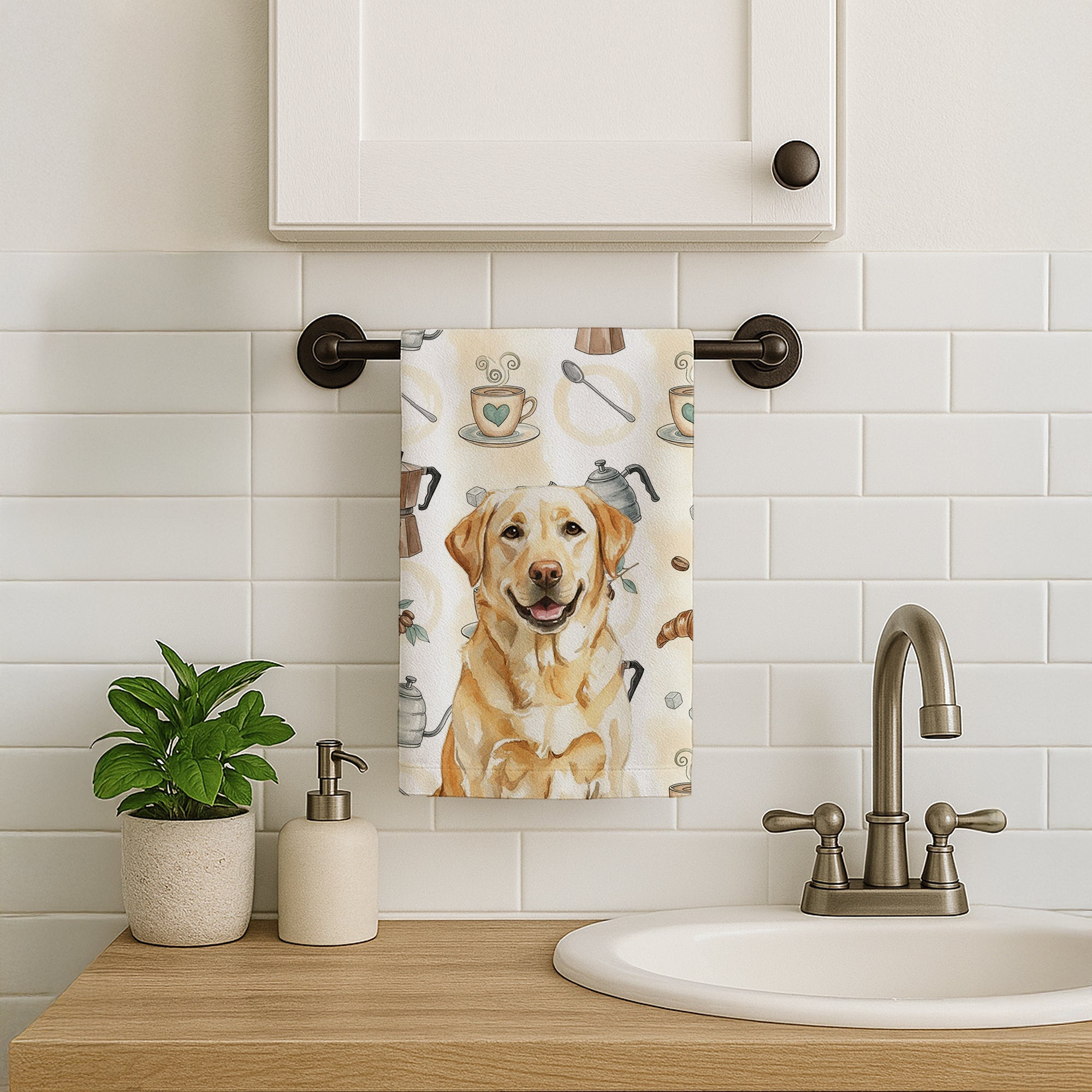 Yellow Labrador Retriever Coffee Bar Kitchen Towel Velour Plush Front and Cotton Loop Back Machine Washable