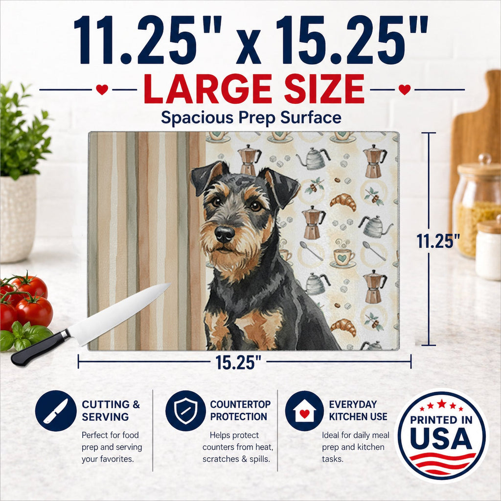 Black and Tan Lakeland Terrier Coffee Bar Cutting Board Tempered Glass Kitchen Cutting Surface, Heat Resistant Chopping, Non-Slip Feet, Food Prep & Serving