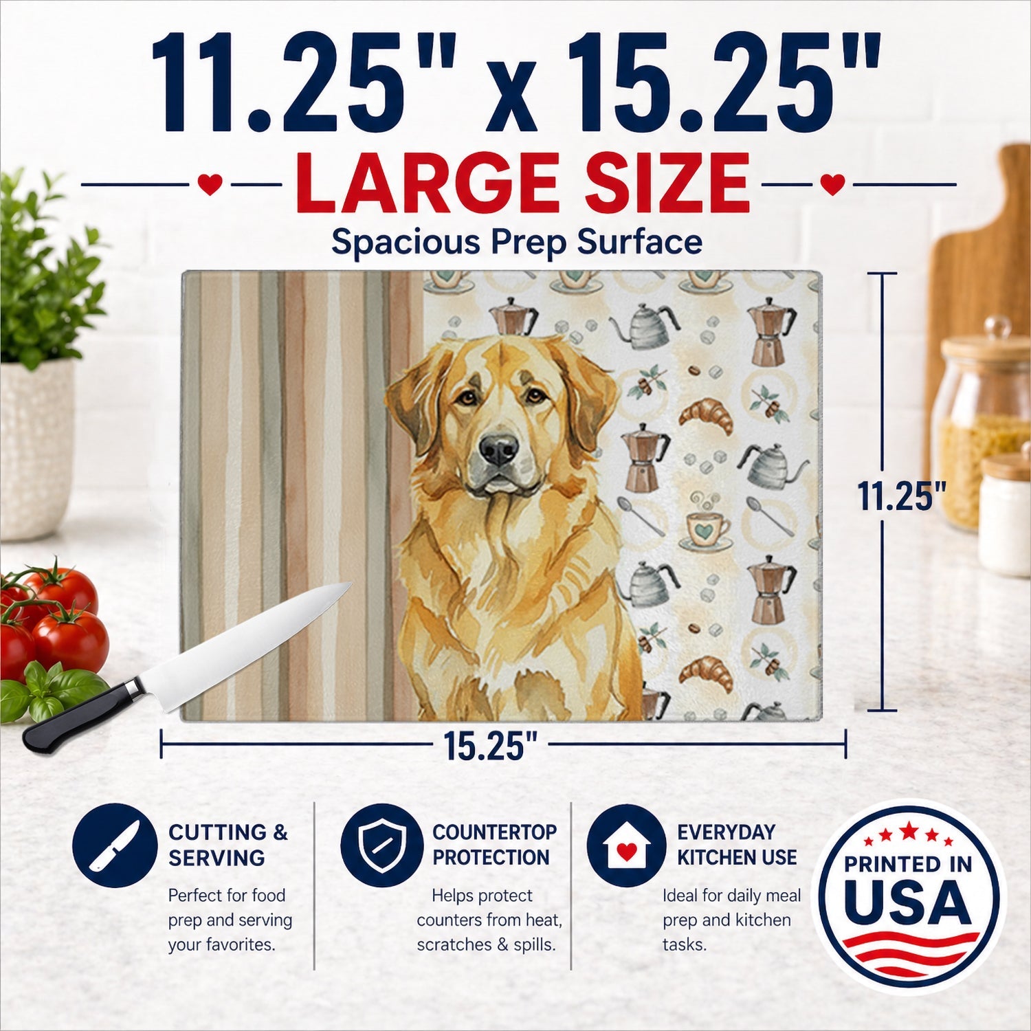 Lion Yellow Leonberger Coffee Bar Cutting Board Tempered Glass Kitchen Cutting Surface, Heat Resistant Chopping, Non-Slip Feet, Food Prep & Serving
