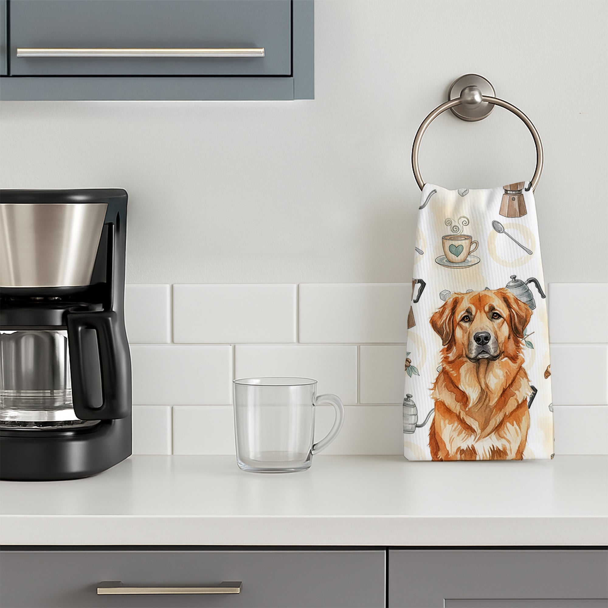 Red Leonberger Coffee Bar Kitchen Towel Velour Plush Front and Cotton Loop Back Machine Washable