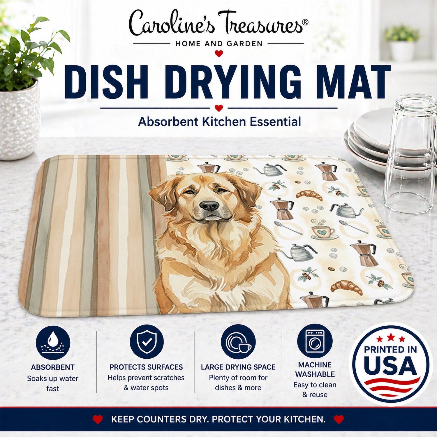 Sandy Leonberger Coffee Bar Dish Drying Mat Absorbent Dish Drying Mat Pad for Kitchen Counter Dish Drainer Mat for Countertop, 14 x 21", Multicolor