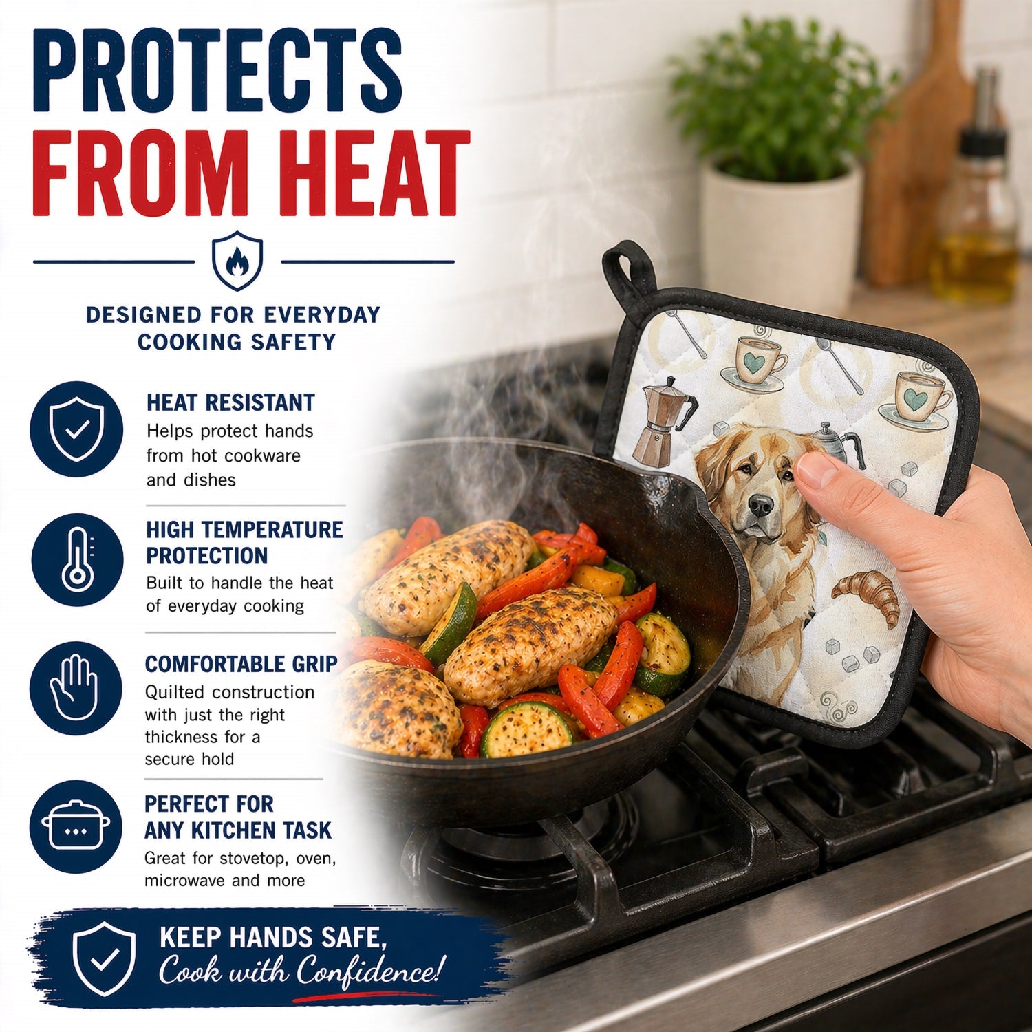 Sandy Leonberger Coffee Bar Pot Holder Set of 2 Heat Resistant Quilted Hot Pads 7.5 x 7.5 Inch, Insulated Kitchen Trivets for Cooking & Baking