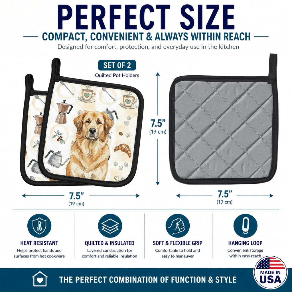 Sandy Leonberger Coffee Bar Pot Holder Set of 2 Heat Resistant Quilted Hot Pads 7.5 x 7.5 Inch, Insulated Kitchen Trivets for Cooking & Baking