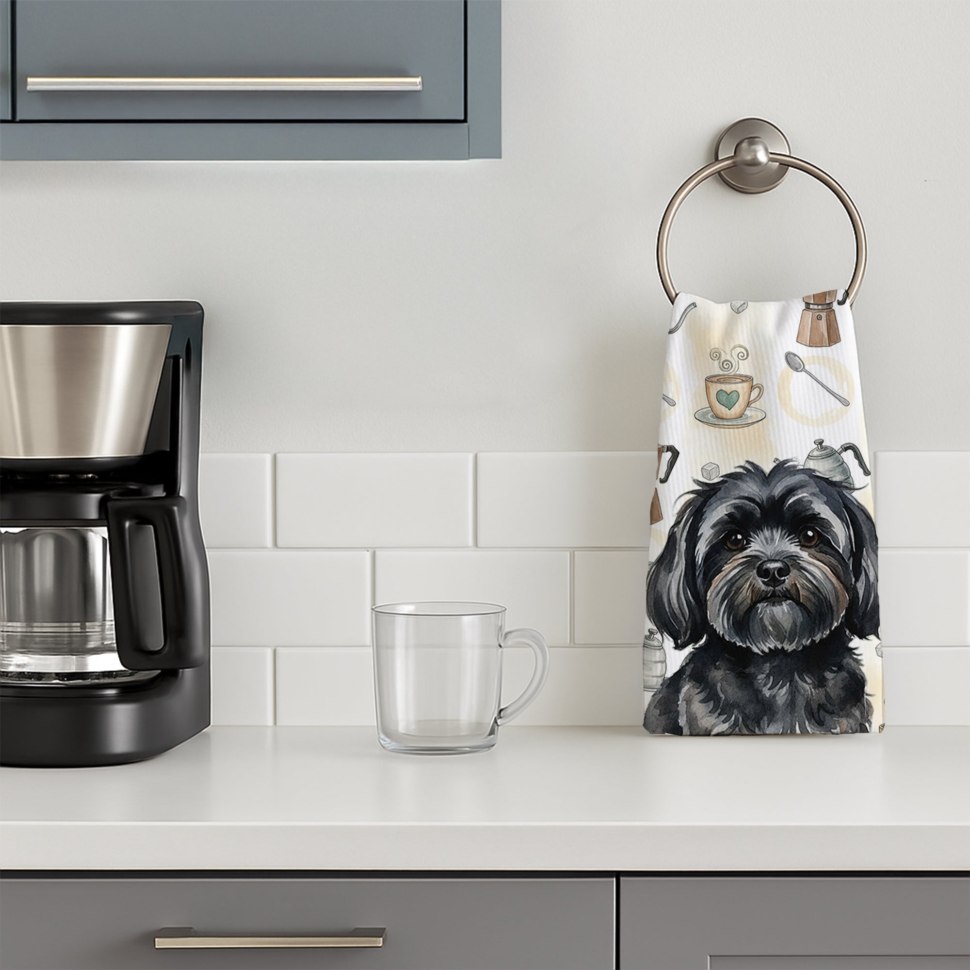 Black Lhasa Apso Coffee Bar Kitchen Towel Velour Plush Front and Cotton Loop Back Machine Washable