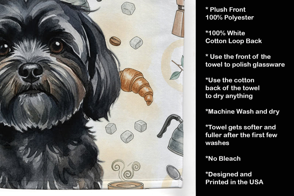 Black Lhasa Apso Coffee Bar Kitchen Towel Velour Plush Front and Cotton Loop Back Machine Washable