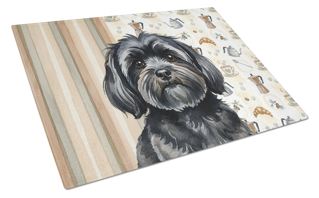 Black Lhasa Apso Coffee Bar Cutting Board Tempered Glass Kitchen Cutting Surface, Heat Resistant Chopping, Non-Slip Feet, Food Prep & Serving