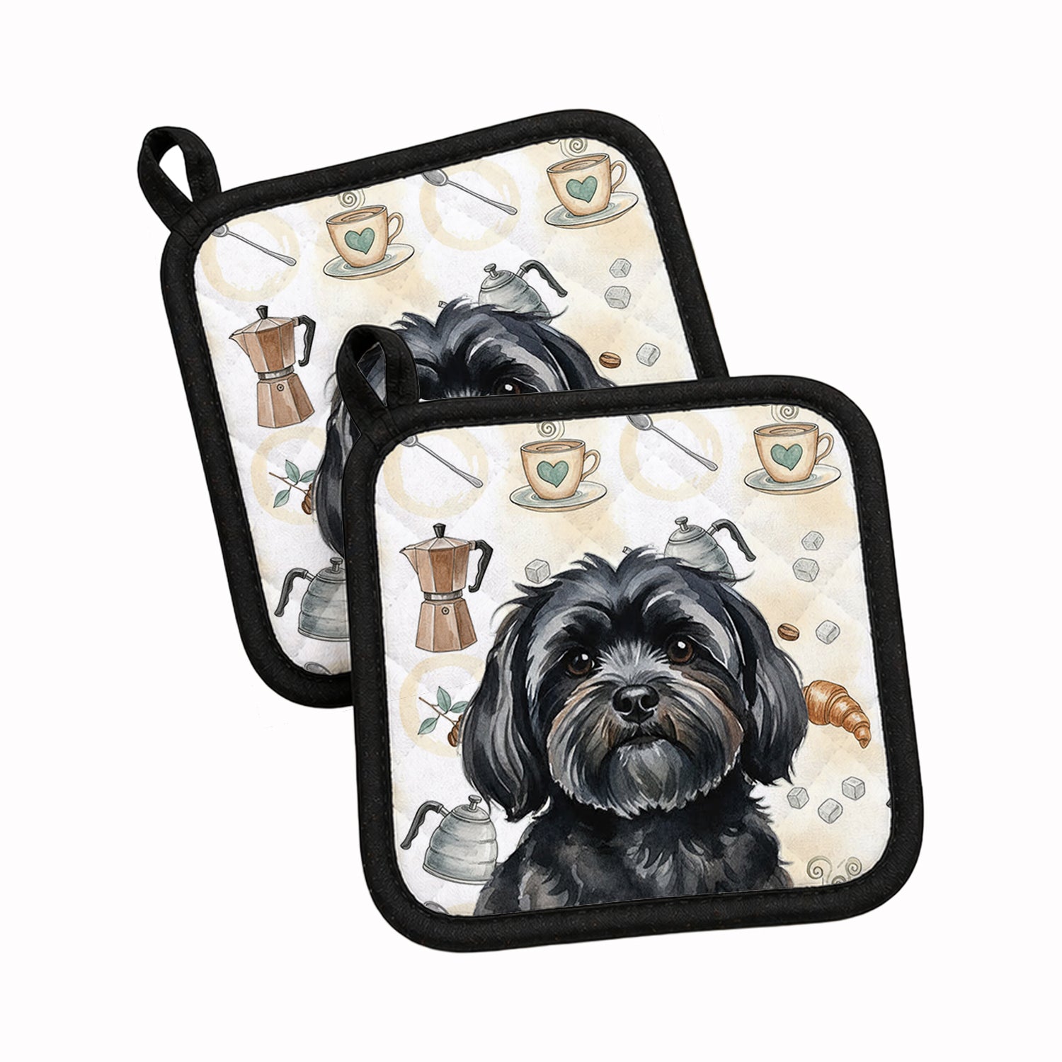Black Lhasa Apso Coffee Bar Pot Holder Set of 2 Heat Resistant Quilted Hot Pads 7.5 x 7.5 Inch, Insulated Kitchen Trivets for Cooking & Baking
