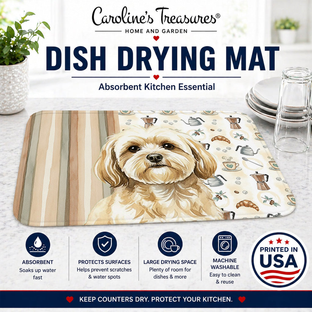 Cream Lhasa Apso Coffee Bar Dish Drying Mat Absorbent Dish Drying Mat Pad for Kitchen Counter Dish Drainer Mat for Countertop, 14 x 21", Multicolor