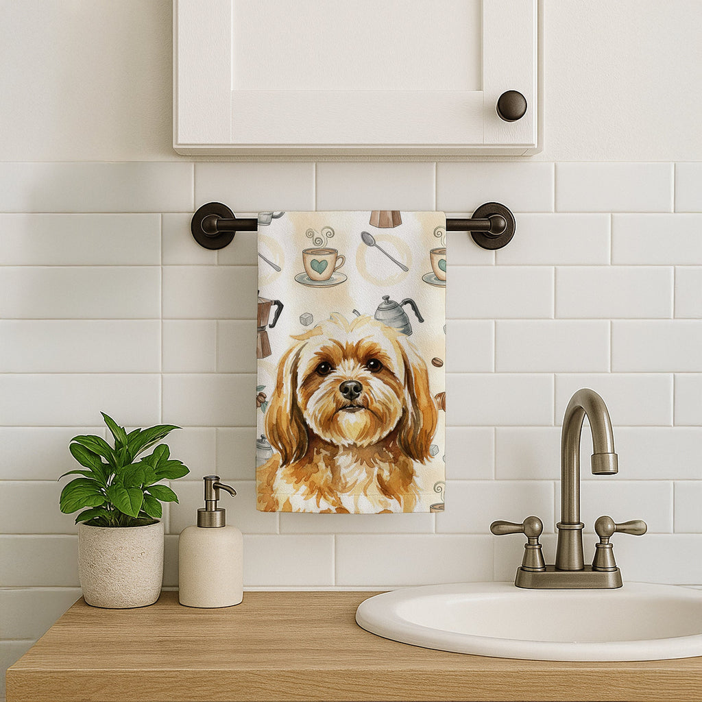 Gold Lhasa Apso Coffee Bar Kitchen Towel Velour Plush Front and Cotton Loop Back Machine Washable