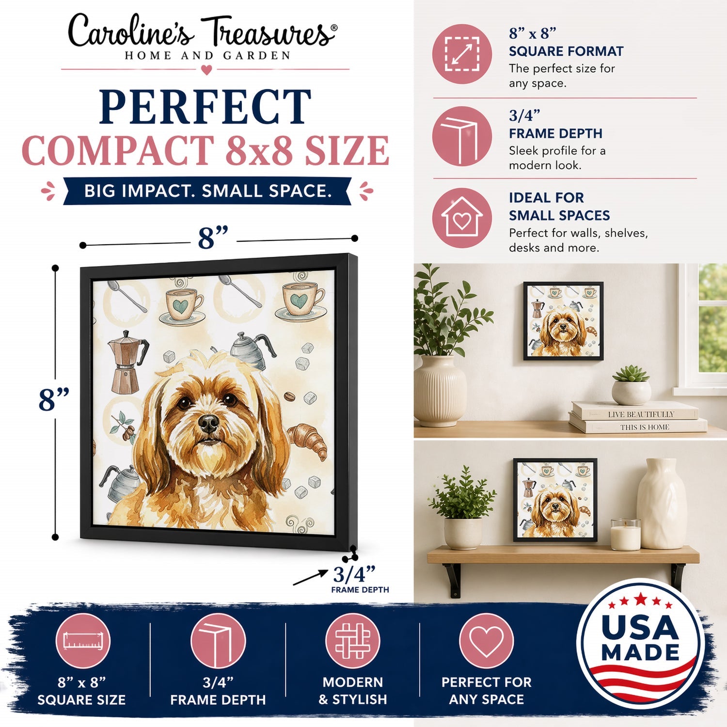 Gold Lhasa Apso Coffee Bar Framed Metal Print Bathroom, Kitchen, Office, Home Decor Wall Art Ready to Hang, Square, 8X8