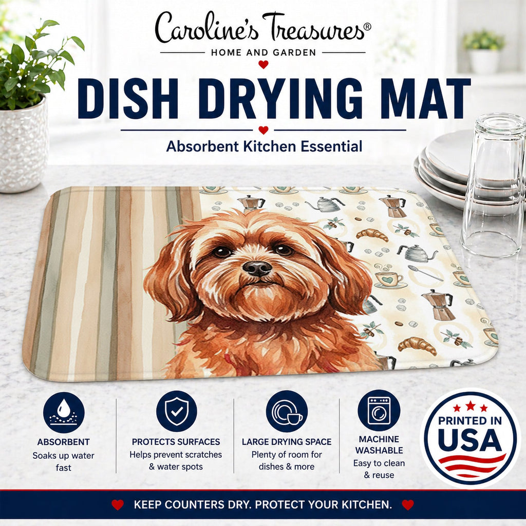 Red Lhasa Apso Coffee Bar Dish Drying Mat Absorbent Dish Drying Mat Pad for Kitchen Counter Dish Drainer Mat for Countertop, 14 x 21", Multicolor