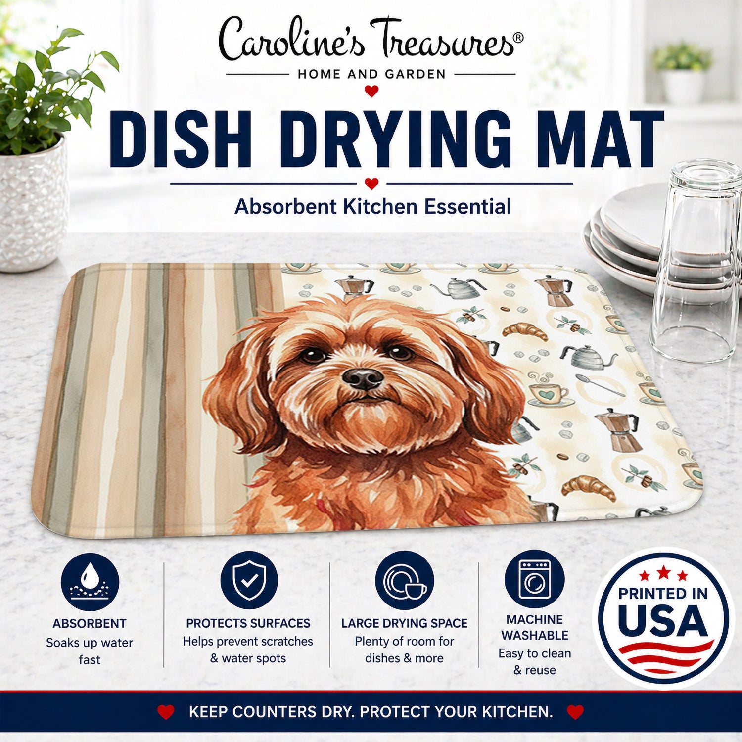 Red Lhasa Apso Coffee Bar Dish Drying Mat Absorbent Dish Drying Mat Pad for Kitchen Counter Dish Drainer Mat for Countertop, 14 x 21", Multicolor