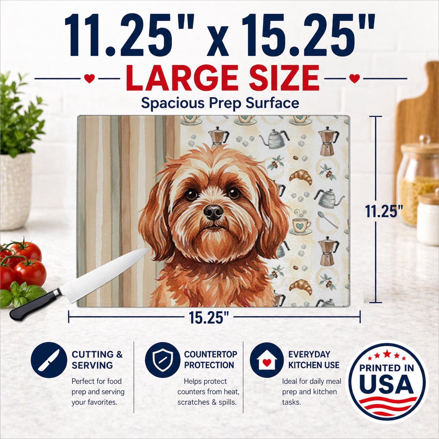 Red Lhasa Apso Coffee Bar Cutting Board Tempered Glass Kitchen Cutting Surface, Heat Resistant Chopping, Non-Slip Feet, Food Prep & Serving