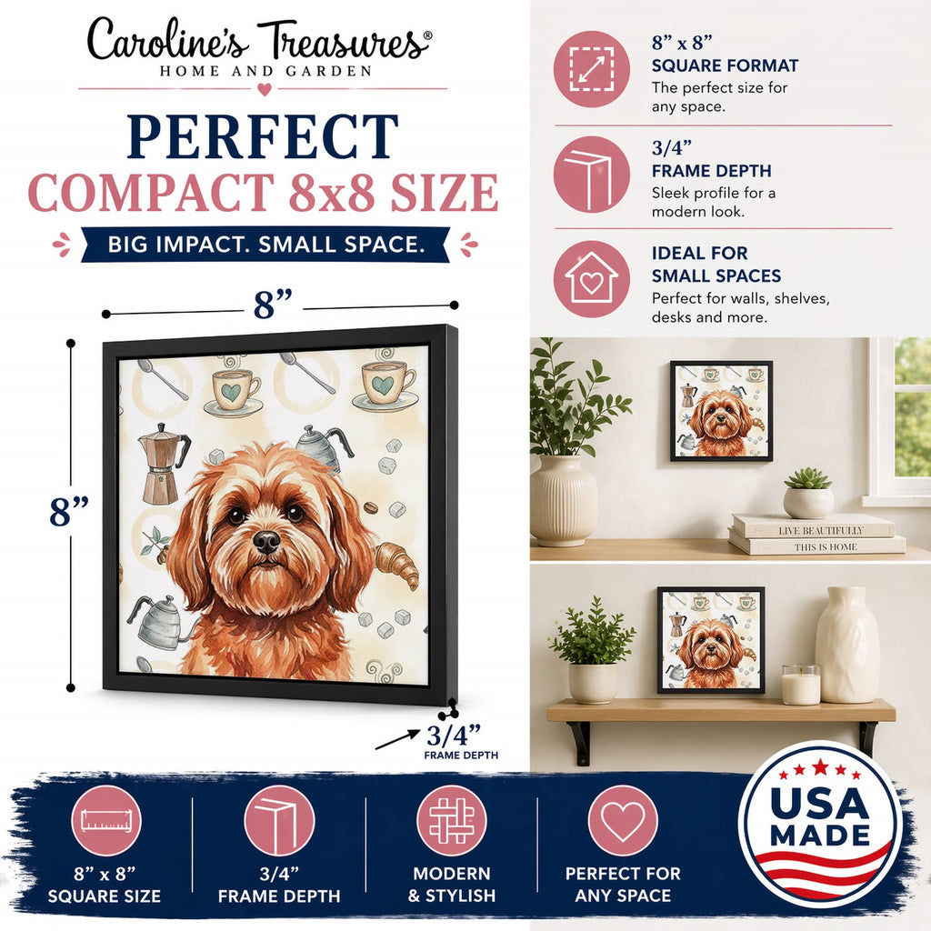 Red Lhasa Apso Coffee Bar Framed Metal Print Bathroom, Kitchen, Office, Home Decor Wall Art Ready to Hang, Square, 8X8