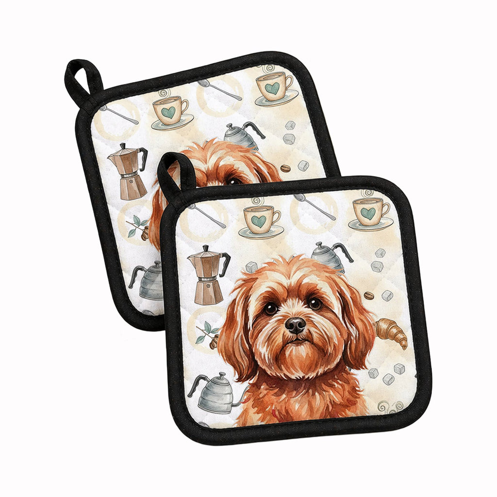 Red Lhasa Apso Coffee Bar Pot Holder Set of 2 Heat Resistant Quilted Hot Pads 7.5 x 7.5 Inch, Insulated Kitchen Trivets for Cooking & Baking