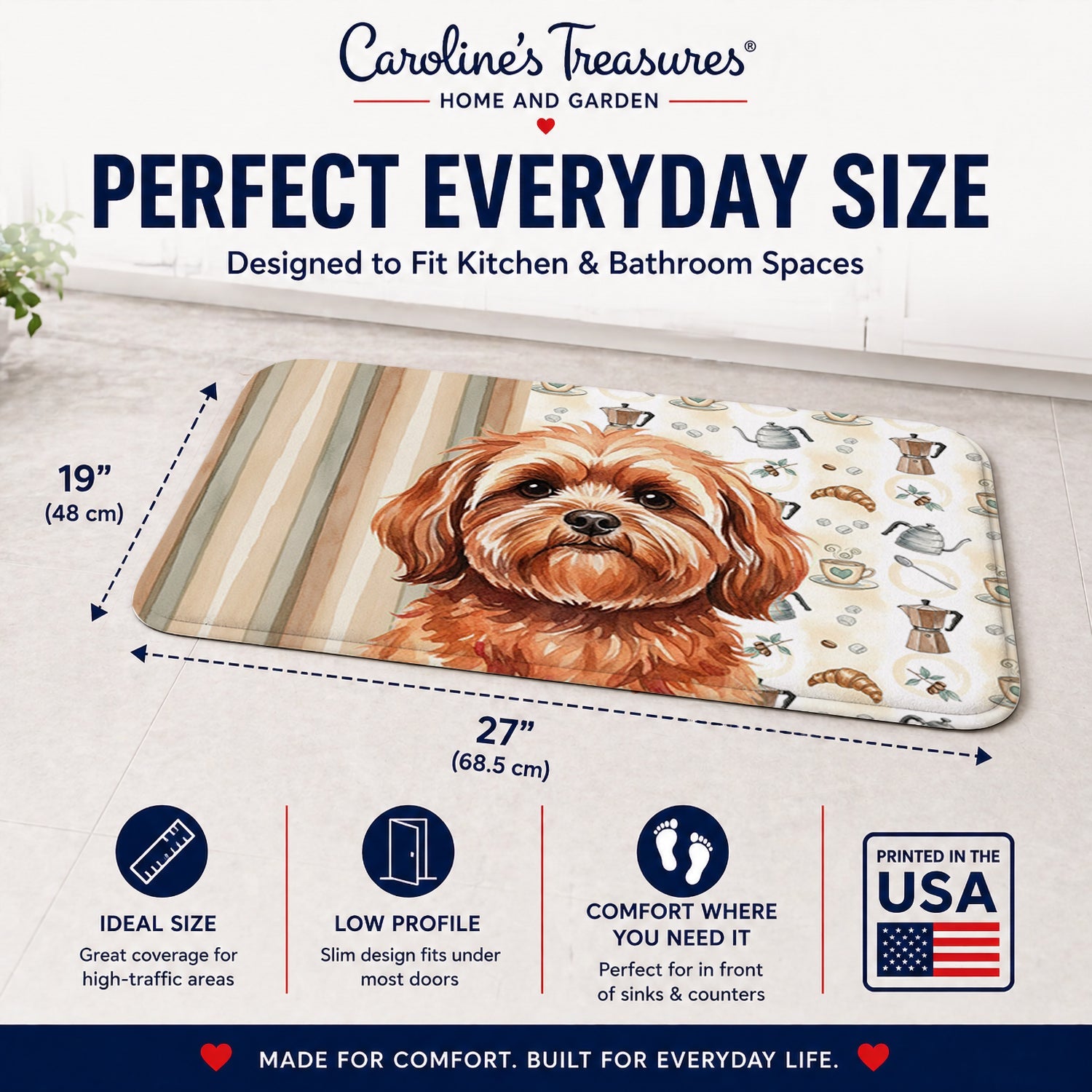Red Lhasa Apso Coffee Bar Memory Foam Kitchen Mat Machine Washable Anti-Fatigue Cushion Comfort Bath or Kitchen Rug