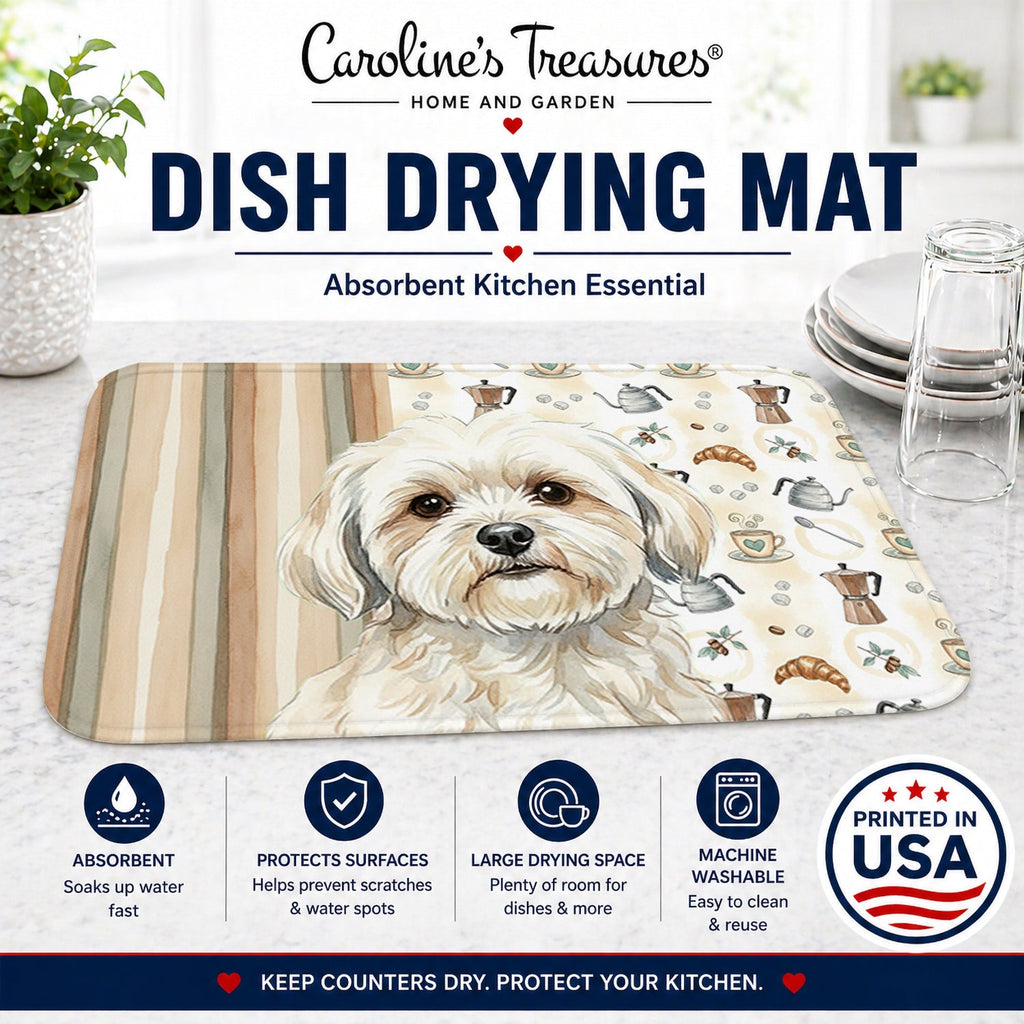 White Lhasa Apso Coffee Bar Dish Drying Mat Absorbent Dish Drying Mat Pad for Kitchen Counter Dish Drainer Mat for Countertop, 14 x 21", Multicolor