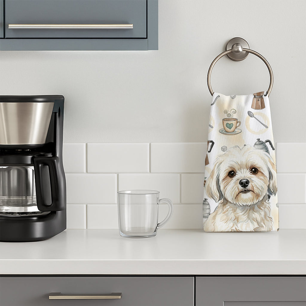 White Lhasa Apso Coffee Bar Kitchen Towel Velour Plush Front and Cotton Loop Back Machine Washable