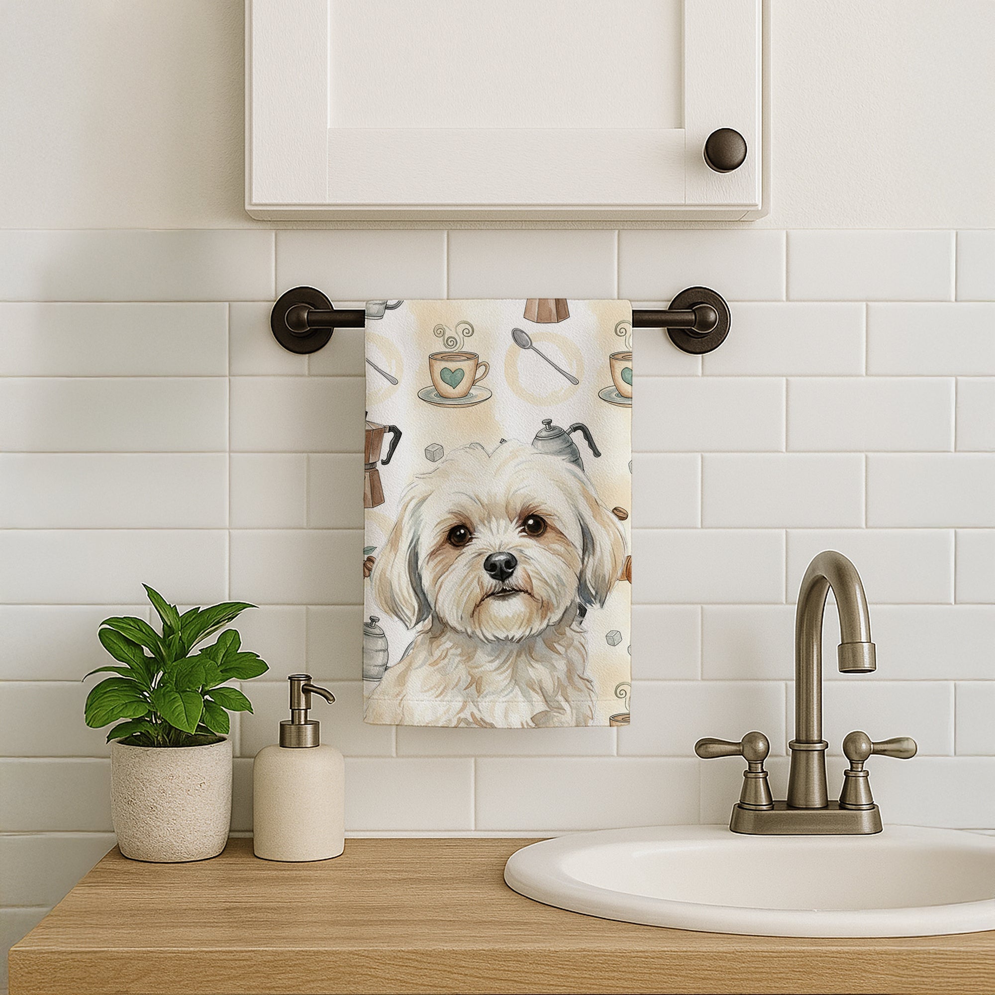 White Lhasa Apso Coffee Bar Kitchen Towel Velour Plush Front and Cotton Loop Back Machine Washable