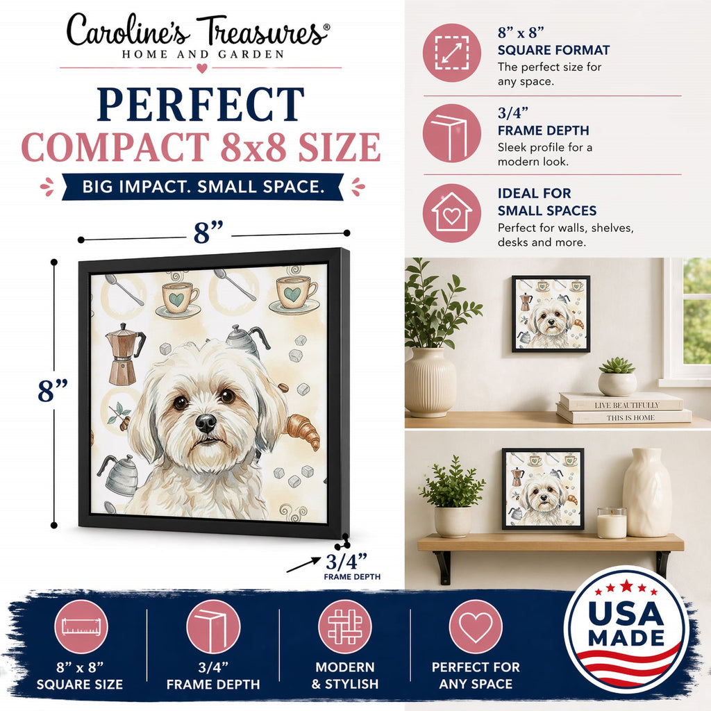 White Lhasa Apso Coffee Bar Framed Metal Print Bathroom, Kitchen, Office, Home Decor Wall Art Ready to Hang, Square, 8X8