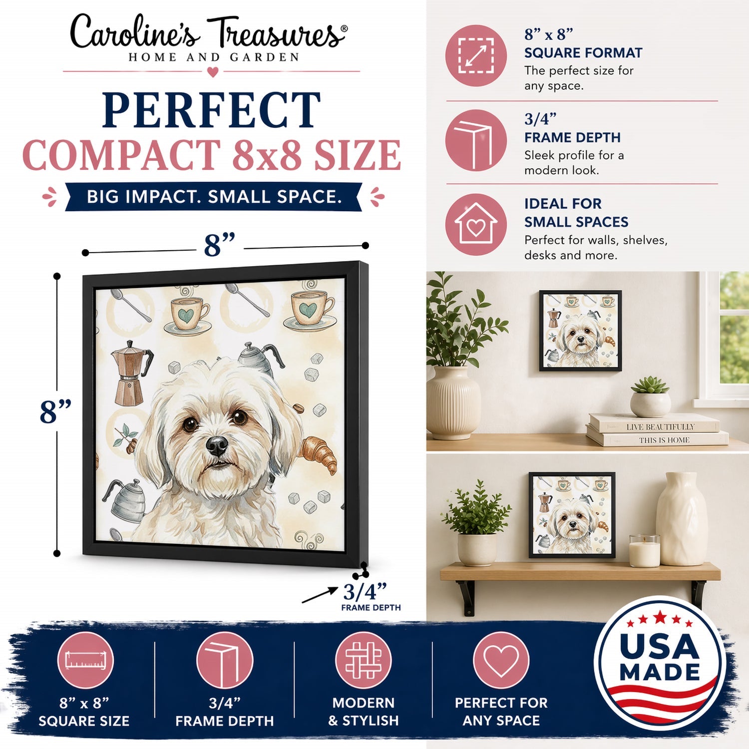 White Lhasa Apso Coffee Bar Framed Metal Print Bathroom, Kitchen, Office, Home Decor Wall Art Ready to Hang, Square, 8X8