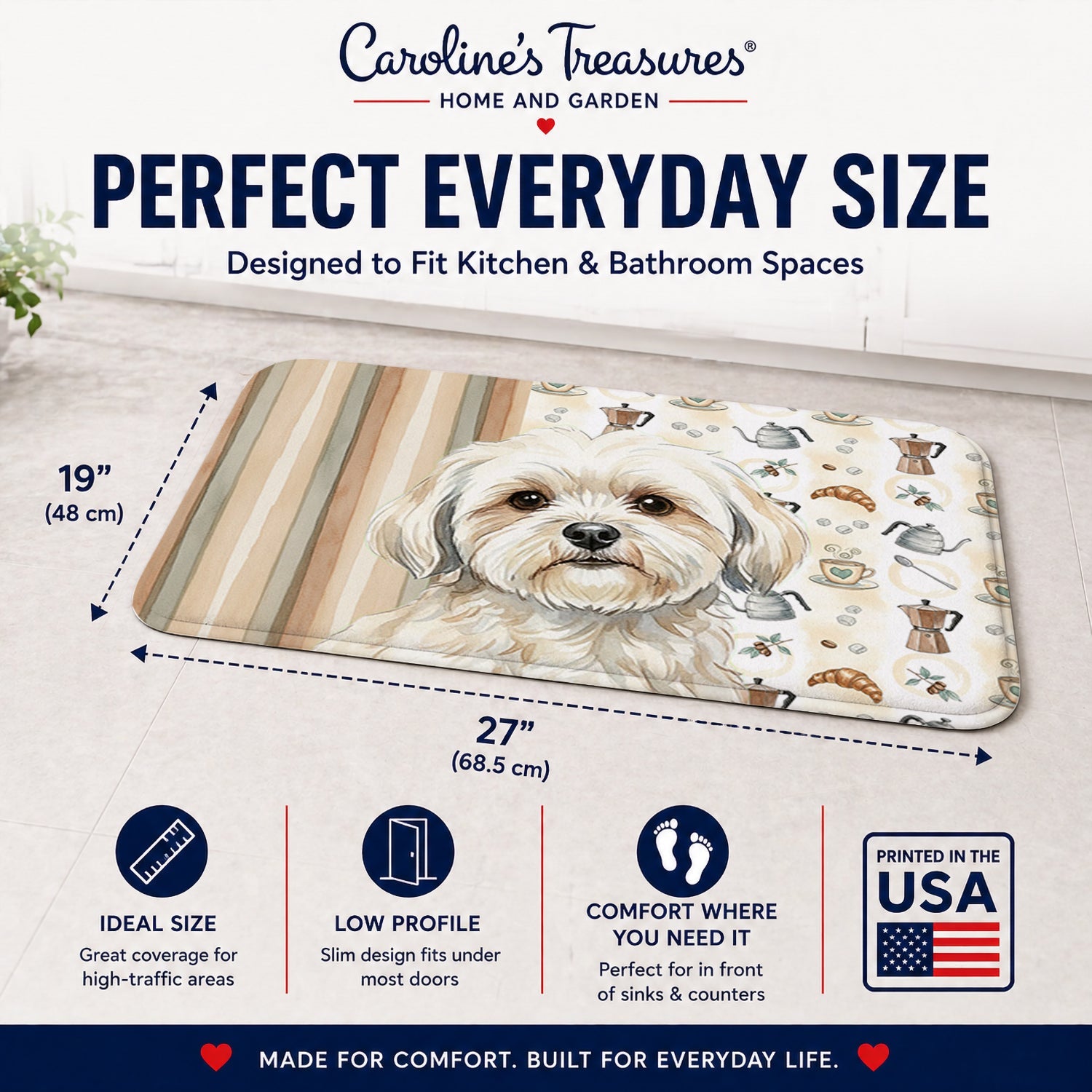 White Lhasa Apso Coffee Bar Memory Foam Kitchen Mat Machine Washable Anti-Fatigue Cushion Comfort Bath or Kitchen Rug