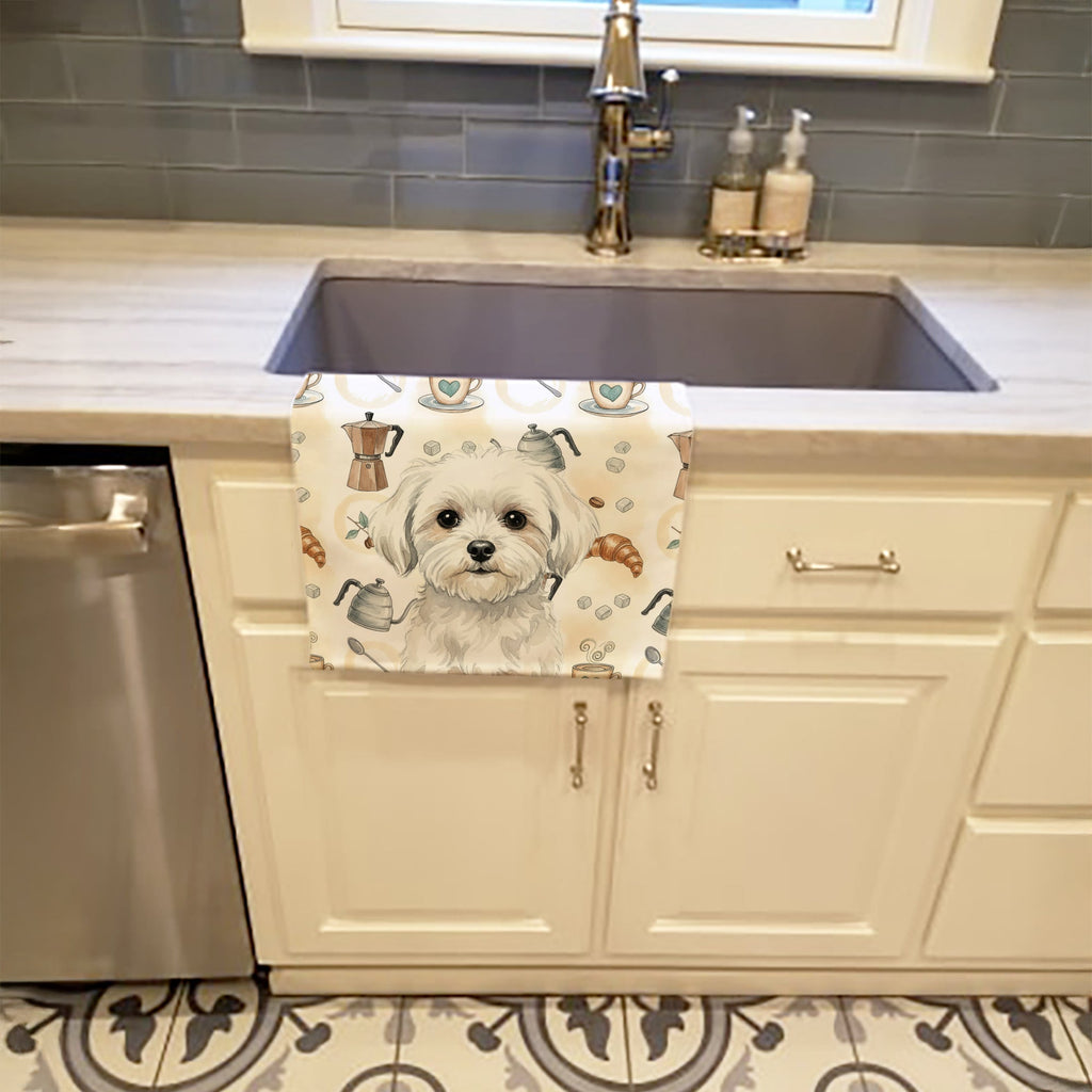 Maltese Coffee Bar Kitchen Towel Velour Plush Front and Cotton Loop Back Machine Washable