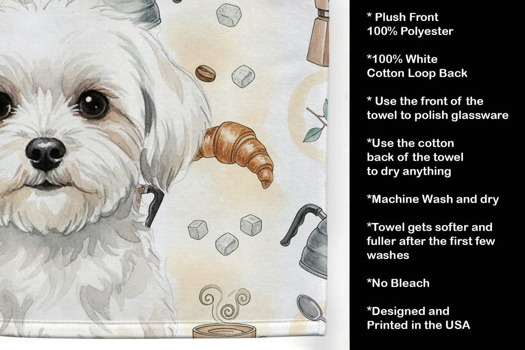 Maltese Coffee Bar Kitchen Towel Velour Plush Front and Cotton Loop Back Machine Washable