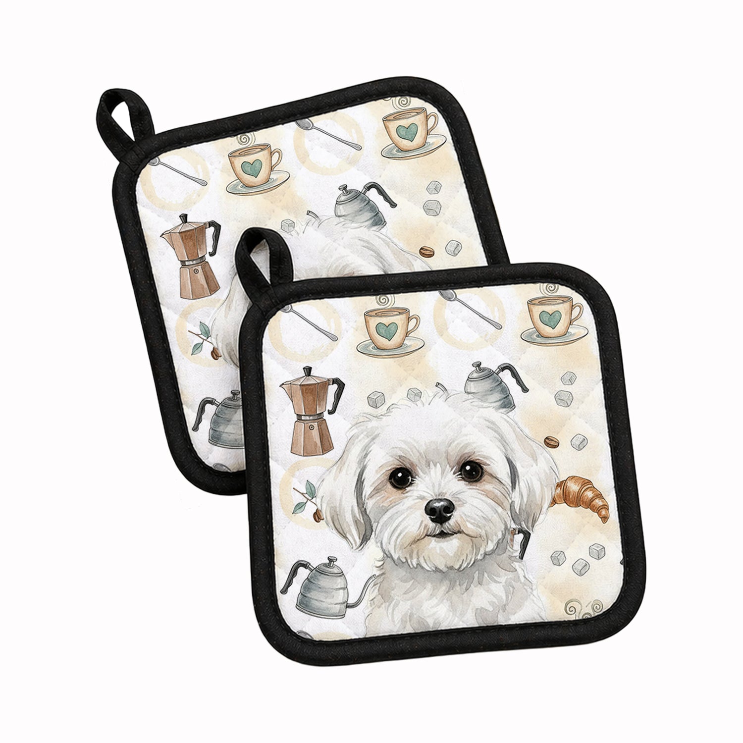 Maltese Coffee Bar Pot Holder Set of 2 Heat Resistant Quilted Hot Pads 7.5 x 7.5 Inch, Insulated Kitchen Trivets for Cooking & Baking