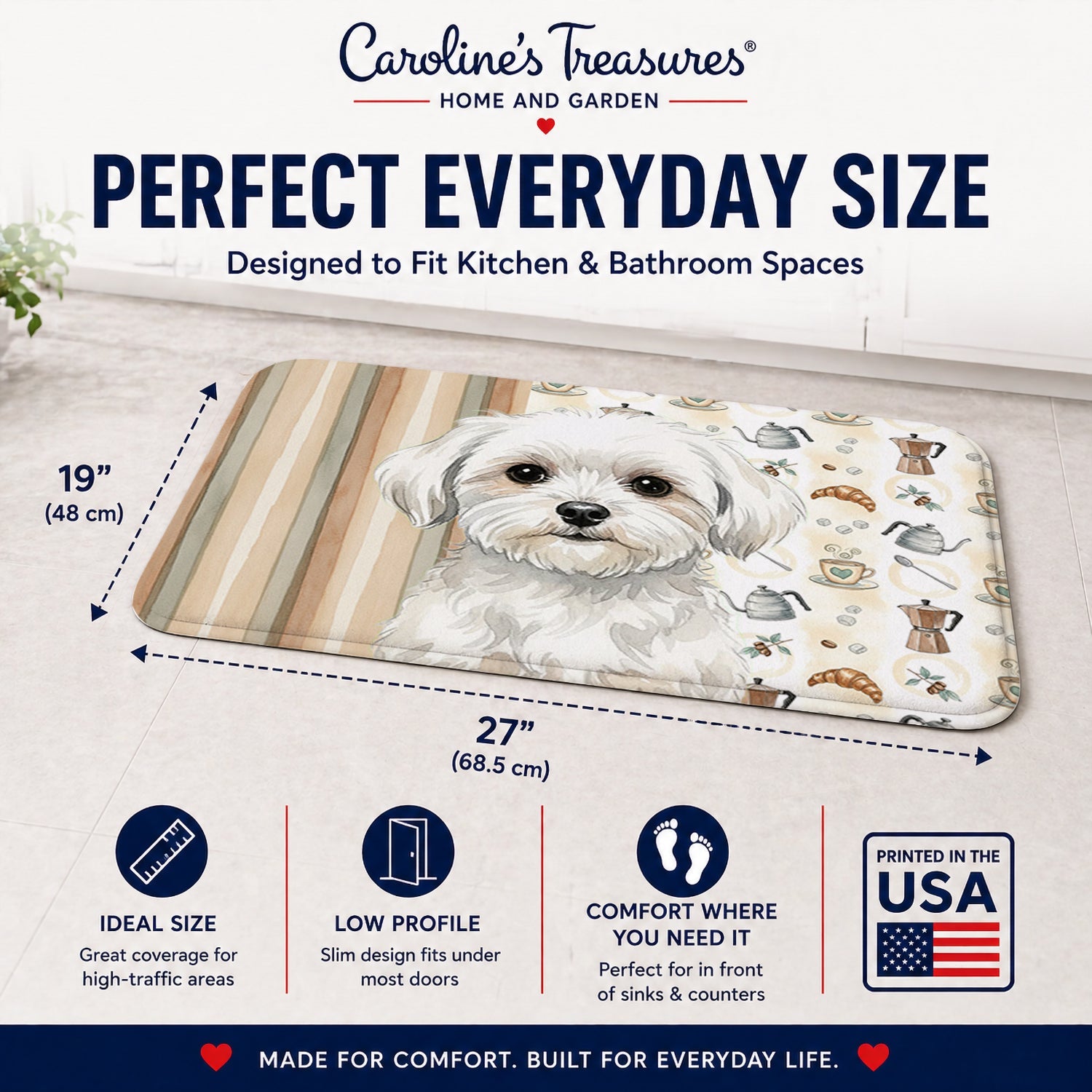 Maltese Coffee Bar Memory Foam Kitchen Mat Machine Washable Anti-Fatigue Cushion Comfort Bath or Kitchen Rug