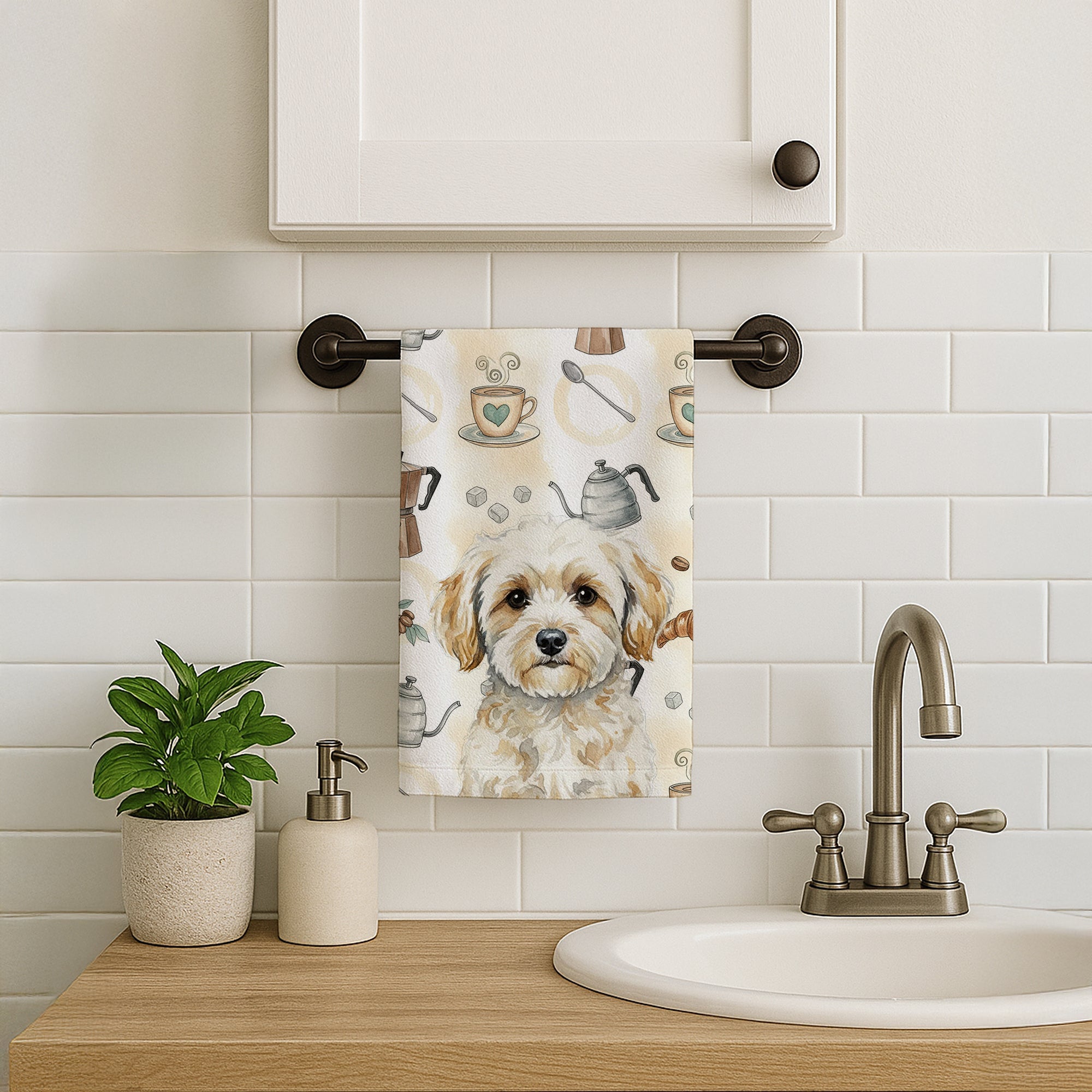 Maltipoo Coffee Bar Kitchen Towel Velour Plush Front and Cotton Loop Back Machine Washable