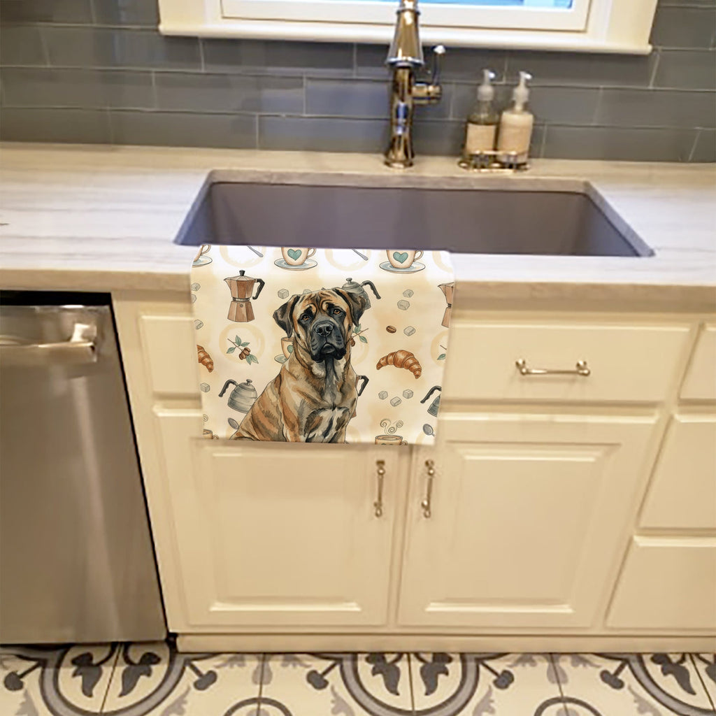 Brindle Mastiff Coffee Bar Kitchen Towel Velour Plush Front and Cotton Loop Back Machine Washable