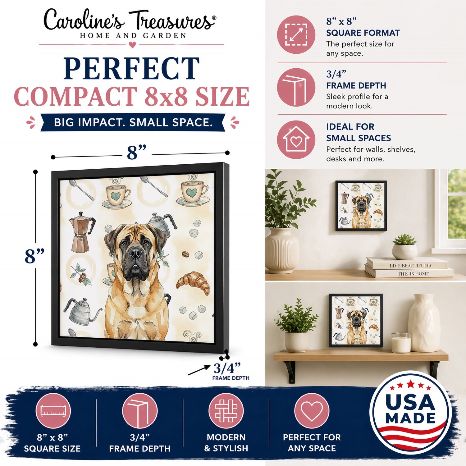 Fawn Mastiff Coffee Bar Framed Metal Print Bathroom, Kitchen, Office, Home Decor Wall Art Ready to Hang, Square, 8X8